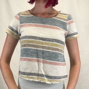 Women's Green Envelope LA Large Earth Tone Stripe Cropped Tee Shirt